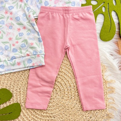 Conj. Blusa Ursinha com Plantinhas em Malha Térmica e Calça Legging - Branco e Rose